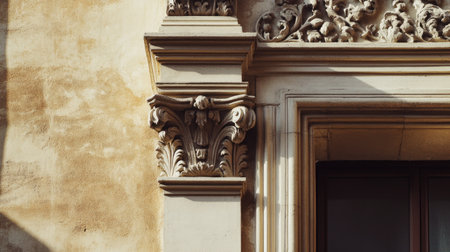 A close-up view of an ornate architectural detail showcasing intricate carvings and textures, highlighting the beauty of historical design elements.の素材