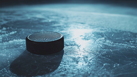 A solitary hockey puck rests on a smooth ice surface, illuminated by soft light. This scene captures the essence of the game and the thrill of competition.の素材