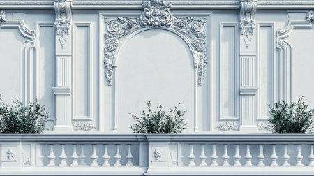 This image showcases an elegant white architectural wall featuring ornate details and tasteful floral accents. Perfect for design and decor inspirations.の素材