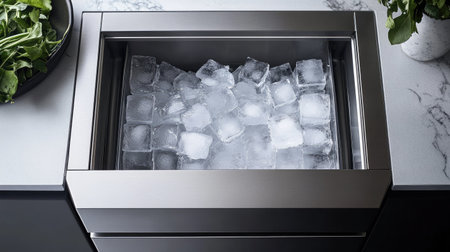 A modern freezer filled with ice cubes showcased in a sleek kitchen setup. Perfect for showcasing contemporary kitchen design and functionality.の素材