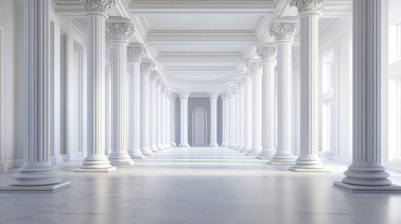 A serene interior featuring bright light illuminating classic white columns, creating an elegant and tranquil atmosphere perfect for artistic purposes.の素材