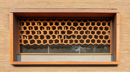 Discover a stunning architectural window featuring a honeycomb wooden pattern, blending modern design with natural elements to create a unique facade.の素材