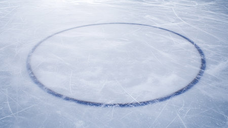 A minimalist ice surface features a distinct circular mark, creating an abstract effect. Ideal for winter sports, nature, and artistic themes.の素材