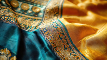 This captivating close-up showcases luxurious fabric with intricate golden embroidery, perfect for illustrating elegance and craftsmanship in textile design.の素材