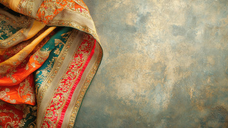 A stunning display of vibrant fabric with intricate patterns draped over a textured background, perfect for showcasing elegance and cultural heritage in design projects.の素材