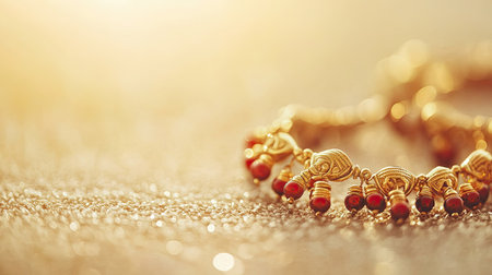 Beautiful golden bracelet adorned with colorful beads glimmers on a textured background, showcasing exquisite craftsmanship and elegance in jewelry design.の素材