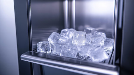 A close-up view of clear ice cubes in a refrigerator dispenser, showcasing modern kitchen functionality and the refreshing allure of ice for beverages.の素材