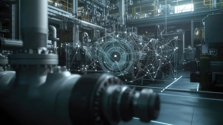 A futuristic depiction of industrial technology showcasing interconnected systems and machinery, emphasizing innovation and digital infrastructure in modern manufacturing.の素材