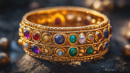 Discover an elegant golden bracelet adorned with colorful gemstones. This exquisite jewelry piece showcases stunning craftsmanship and rich design elements.の素材