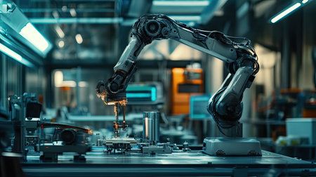 Explore a futuristic industrial workspace featuring an advanced robotic arm. This high-tech machinery highlights automation and precision in modern manufacturing processes.の素材