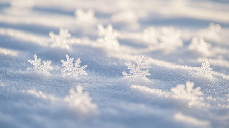 Capture the beauty of intricate snowflakes glistening on a serene white snow surface, showcasing the elegance and detail of winter's artistry in nature.の素材