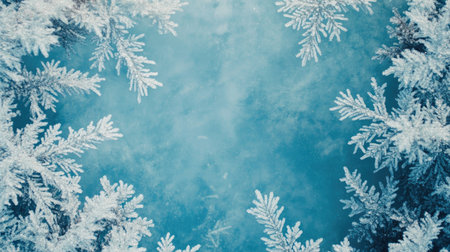 A serene image of frosted snowflakes surrounding a blue background, capturing the beauty of winter's chill and the elegance of nature's design.の素材