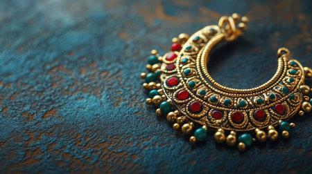 This stunning gold earring features intricate designs and colorful gems set against a textured background, showcasing fine craftsmanship and beauty.の素材