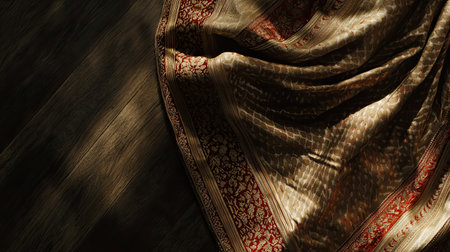 Discover the beauty of an elegant fabric draped gracefully on a wooden surface. The interplay of light and shadow highlights intricate patterns, creating a stunning visual effect.の素材