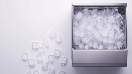 A sleek ice maker filled with clear ice cubes, perfect for cocktails or chilling drinks. Ideal for modern kitchens and entertaining guests.の素材