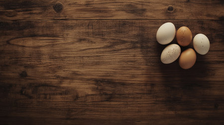 A collection of fresh eggs displayed on a rustic wooden table, highlighting natural textures and colors, perfect for culinary themes and farm-related projects.の素材
