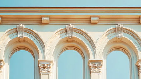Explore stunning architectural arches featuring intricate details against a serene blue sky, showcasing timeless elegance and artistic craftsmanship.の素材