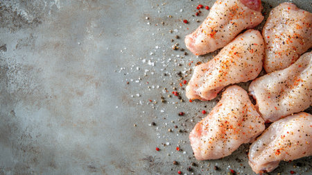 A beautiful arrangement of fresh chicken wings on a rustic grey surface, sprinkled with spices. Perfect for cooking inspirations and culinary projects.の素材
