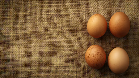 This image features fresh brown eggs arranged on a textured burlap background, offering a rustic and natural vibe perfect for culinary and food-related projects.の素材