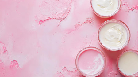 A soothing arrangement of creams and lotions in jars on a pastel pink background. Perfect for beauty, skincare, and wellness themed projects.の素材