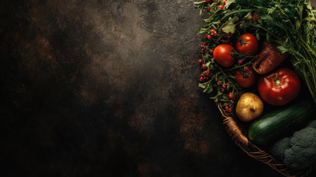 A beautiful arrangement of fresh vegetables and fruits on a dark rustic background, perfect for highlighting healthy eating and culinary creativity.の素材