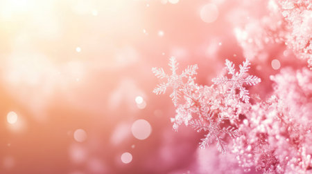 A delicate image of soft snowflakes against a pink background, creating a dreamy winter atmosphere perfect for holiday themes and seasonal designs.の素材