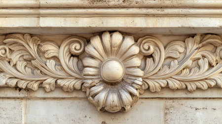 Close-up view of an ornate floral architectural detail carved in stone, showcasing intricate designs and craftsmanship typical of classic styles. Ideal for design projects.の素材