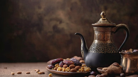 A beautiful still life featuring a traditional teapot accompanied by an assortment of dates and nuts, set on a wooden table against a warm background.の素材