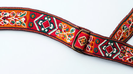 A vibrant and intricately embroidered fabric strap featuring colorful floral patterns, perfect for showcasing craftsmanship and textile artistry.の素材
