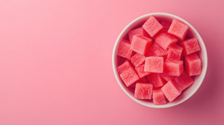 A vibrant white bowl filled with fresh watermelon cubes sits atop a soft pink surface. This delightful snack is perfect for summer gatherings.の素材