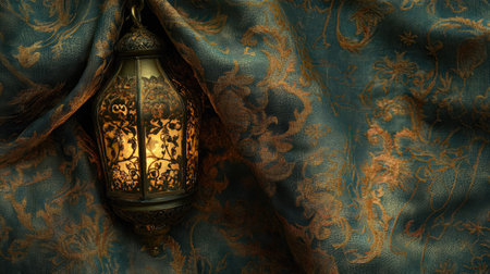 Discover a beautifully crafted lantern against a textured fabric backdrop, creating a warm and inviting atmosphere perfect for home decor or artistic inspiration.の素材