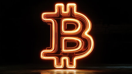 A striking bitcoin symbol illuminated with a vibrant neon glow. This artistic representation captures the essence of modern cryptocurrency and its impact on finance.の素材