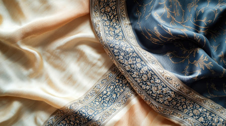 Beautiful close-up of elegant fabric featuring intricate patterns, smooth textures, and rich colors, perfect for fashion or interior design inspiration.の素材