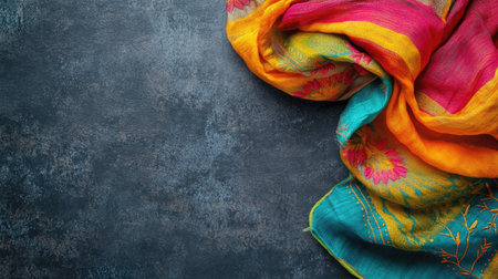 A vibrant silk scarf draped elegantly against a dark textured background. This colorful accessory showcases intricate patterns and rich hues, perfect for fashion and design inspiration.の素材