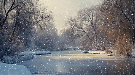 A tranquil winter landscape featuring a calm river surrounded by snow-laden trees. Soft snowflakes descend gently, creating a serene and picturesque scene perfect for winter themes.の素材