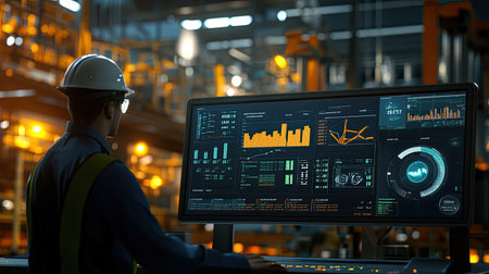 A focused engineer interacts with a high-tech digital dashboard, displaying real-time data and analytics in an industrial setting, emphasizing technology integration.の素材