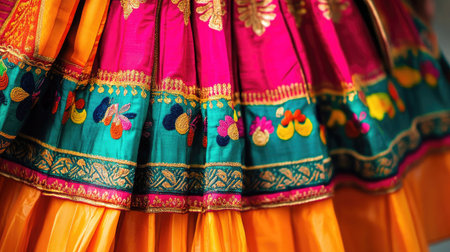 Discover the beauty of traditional attire with this vibrant skirt featuring intricate embroidery and rich colors, embodying cultural elegance and craftsmanship.の素材