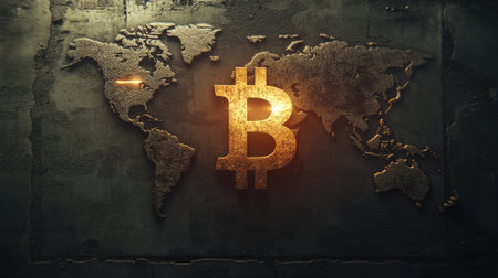 A striking golden Bitcoin symbol prominently displayed against a textured world map backdrop, representing the global influence of cryptocurrency in modern finance.の素材