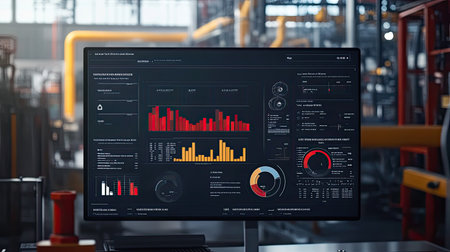 A sleek monitor displays industrial data visualization with vibrant graphs and metrics, showcasing insights for enhanced decision-making in a modern workspace.の素材