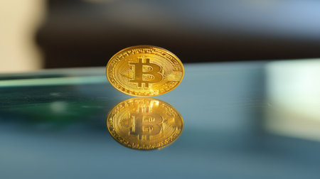 A shiny golden Bitcoin coin rests on a reflective surface, showcasing its iconic design. This image symbolizes the rise of digital currency and modern finance trends.の素材