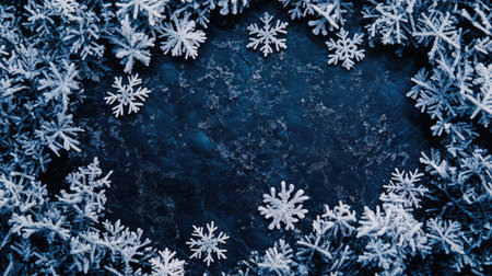 A beautiful arrangement of white snowflakes on a dark background, creating a frosty border. Perfect for winter-themed designs and seasonal decorations.の素材