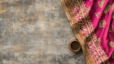 A beautiful pink saree elegantly draped over a textured background, showcasing intricate golden patterns. Perfect for cultural and fashion photography.の素材