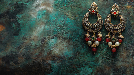 Beautiful traditional Indian earrings showcased on a rustic backdrop, highlighting their intricate design and vibrant gemstones, perfect for fashion enthusiasts.の素材