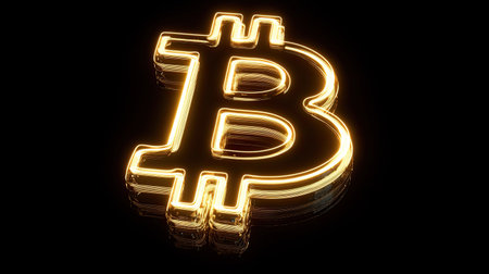 A striking glowing Bitcoin symbol against a dark background, representing the modern era of digital currency and the future of finance. Perfect for tech-related projects.の素材