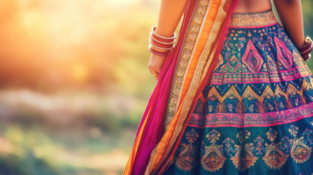 A stunning close-up of a woman in elegant traditional attire showcasing vibrant colors and intricate embroidery, set against a sunlit background.の素材