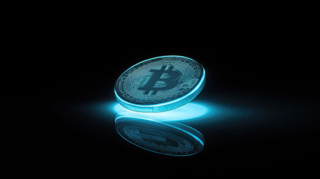 A glowing Bitcoin coin isolated on a dark background, symbolizing the future of digital currency and technology in finance. Perfect for investment themes.の素材