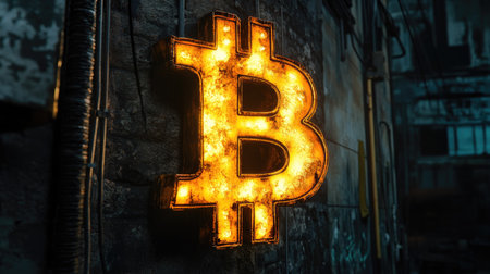 Bright and vibrant neon Bitcoin logo displayed on an urban wall, capturing the essence of modern cryptocurrency culture and technology in a striking industrial setting.の素材
