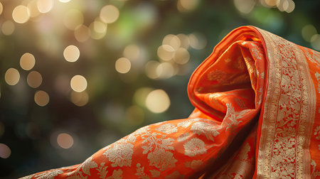 This image showcases an elegant orange silk fabric draped beautifully against a soft bokeh background. Perfect for highlighting luxury and tradition.の素材