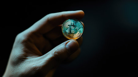 A close-up image of a hand holding a shiny Bitcoin coin, emphasizing the cryptocurrency's importance in modern finance and investment trends.の素材