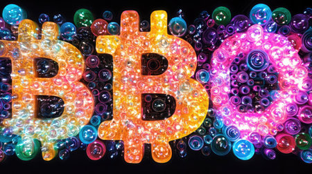 Bright and colorful Bitcoin logos shine against a vibrant, bubble-filled background, embodying the lively spirit of digital currency and modern technology.の素材